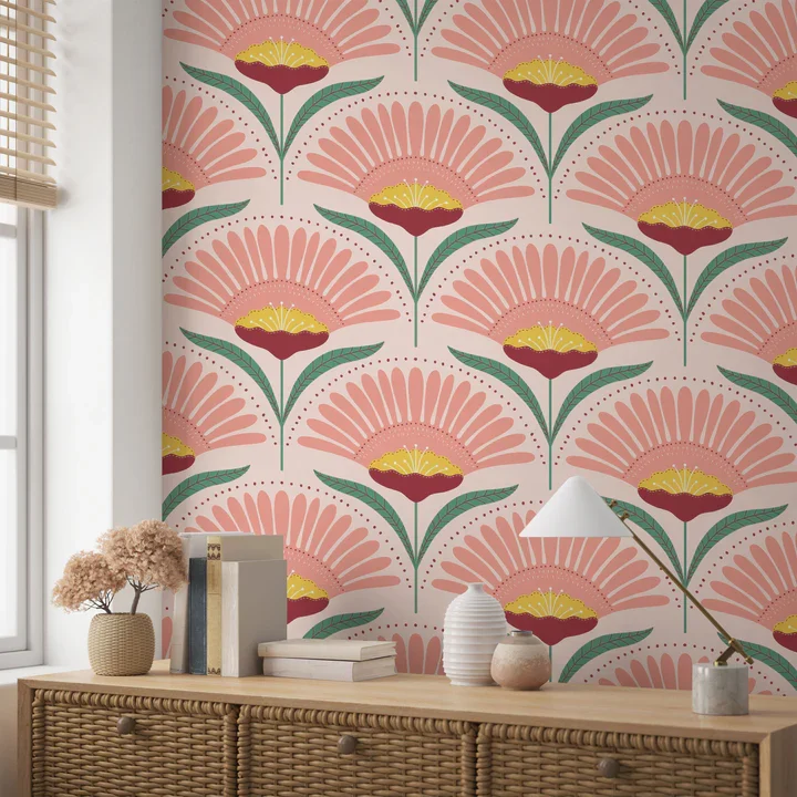 Whimsical Home Decor Idea with whimsy pink wallpaper and playful decor